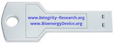Metallic key-shaped device with text 'www.Integrity-Research.org' and 'www.BioenergyDevice.org' on a white background